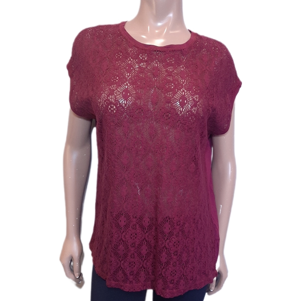 NEW Old Navy Sheer Lace Tunic Top Short Dolman Sleeve Flowy Burgundy Size Medium